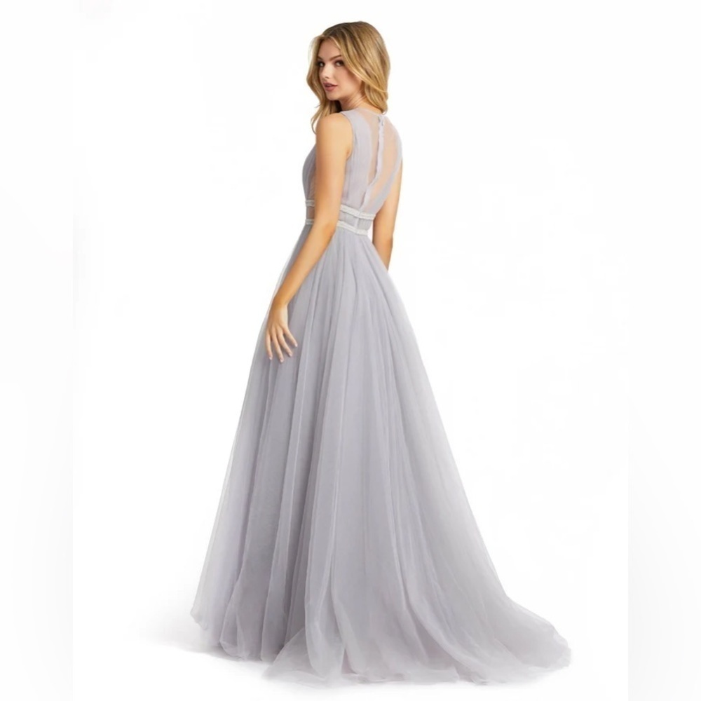 Mac Duggal 20188 NWT ILLUSIONS PLUNGE NECK A-LINE PLATINUM GOWN DRESS - Picture 2 of 7